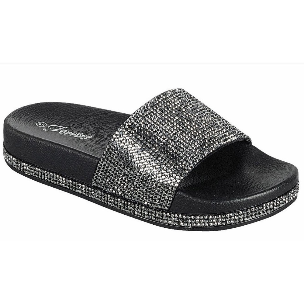 Black Rhinestone Open Toe Slide Sandals NIB